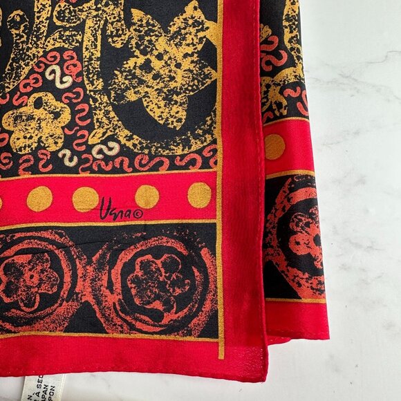 Vintage Vera Neumann Red & Gold Medallion Silk Scarf - 52" x 15" Oblong - Picture 6 of 7